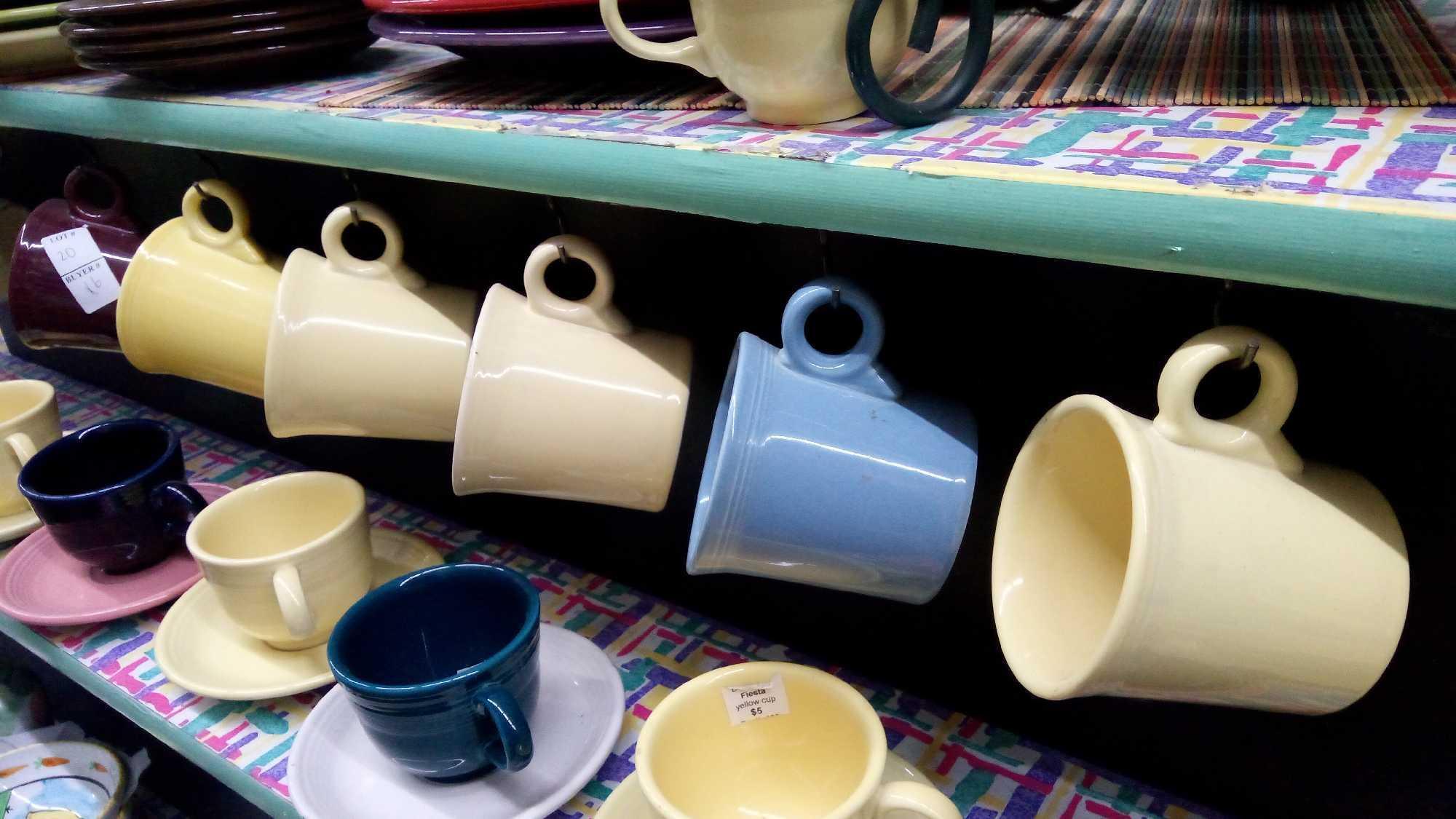 (6) FIESTA MUGS, GREEN YELLOW BLUE PURPLE