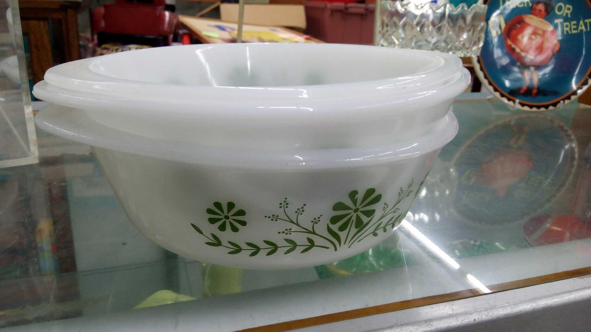 (3) vintage glass bake white and green flowers casserole