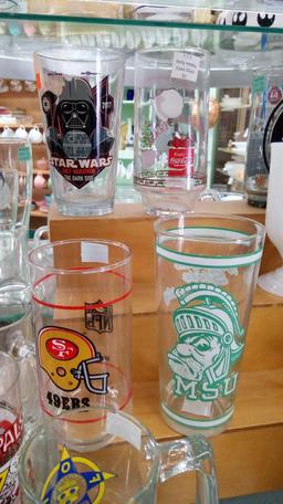 SUPER FUN VINTAGE JUICE GLASS GROUP, POPEYES, STAR WARS, SPORTS PHILLIES PANTHERS DETROIT, MORE