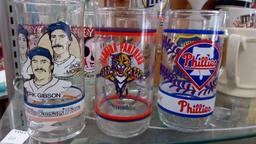 SUPER FUN VINTAGE JUICE GLASS GROUP, POPEYES, STAR WARS, SPORTS PHILLIES PANTHERS DETROIT, MORE