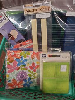 Basket of New packaged CRAFTING ESSENTIALS including stencils, Chipboard Alphabet, punchouts