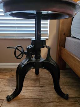 Very Unique metal GEAR side table with Rough Hewn look wood topped - raises and lowers