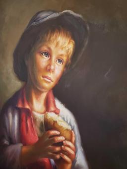 Captivating, Large Vintage, signed, Oil on Canvas, Country Boy with Bread,