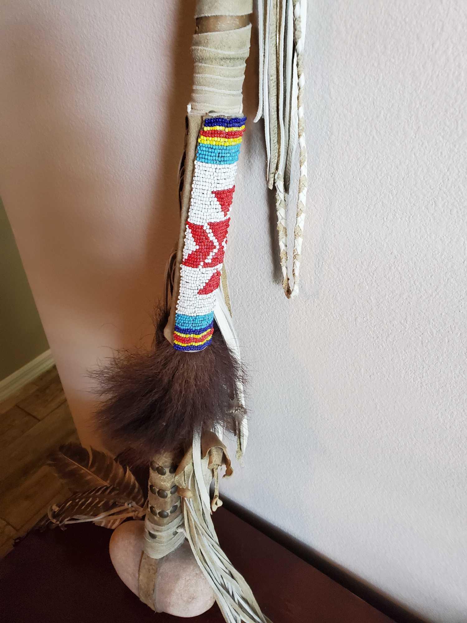 Native American STONE WAR CLUB, beaded and feathered