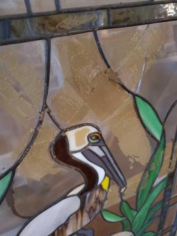 Wood Framed Pelican STAINED GLASS window, hanging