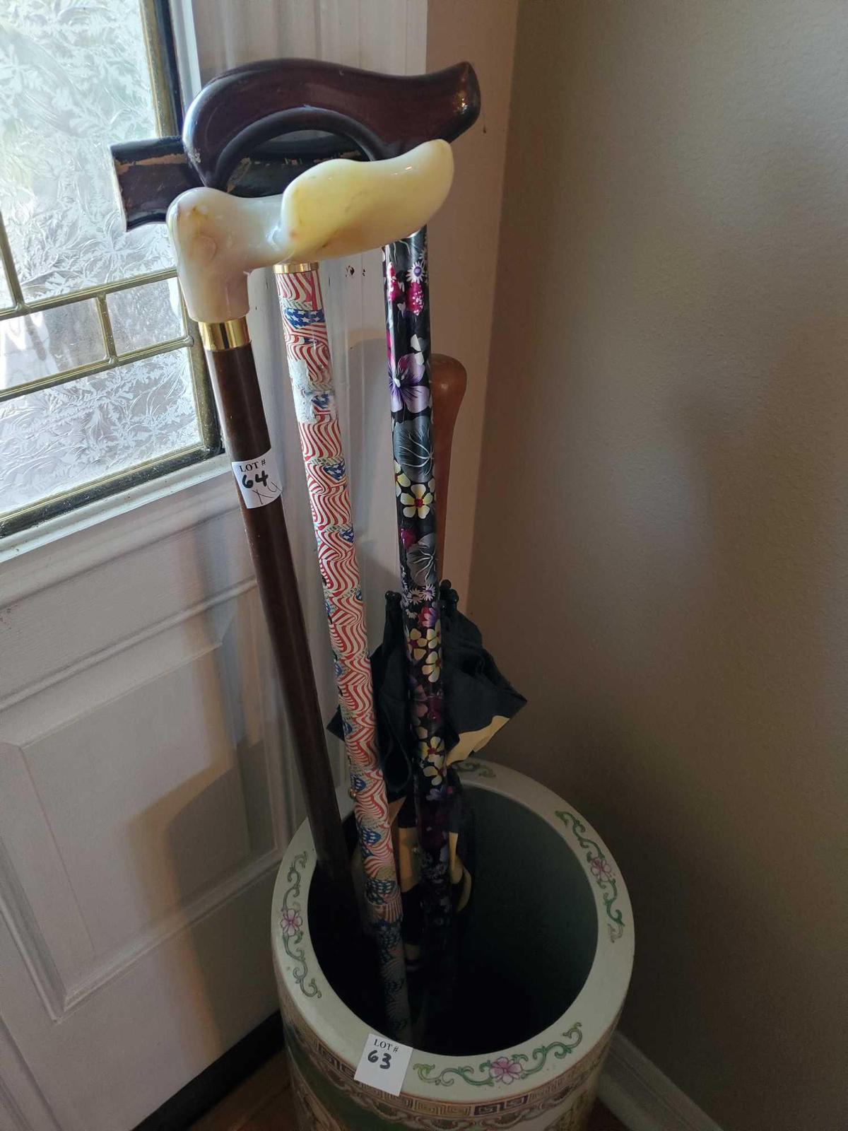 Cane Contents of umbrella stand including umbrella