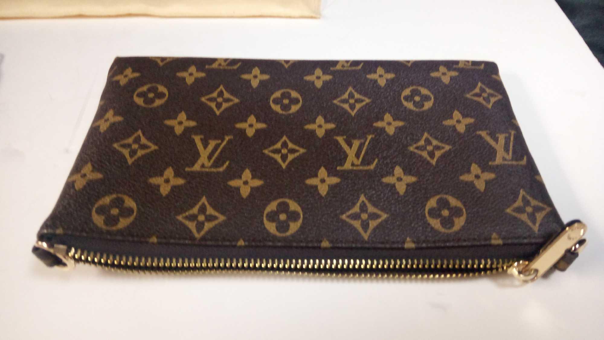 UNVERIFIED LOUIS VUITTON CLUTCH, CHOCOLATE AND GOLD WITH DUST BAG AND STRAP