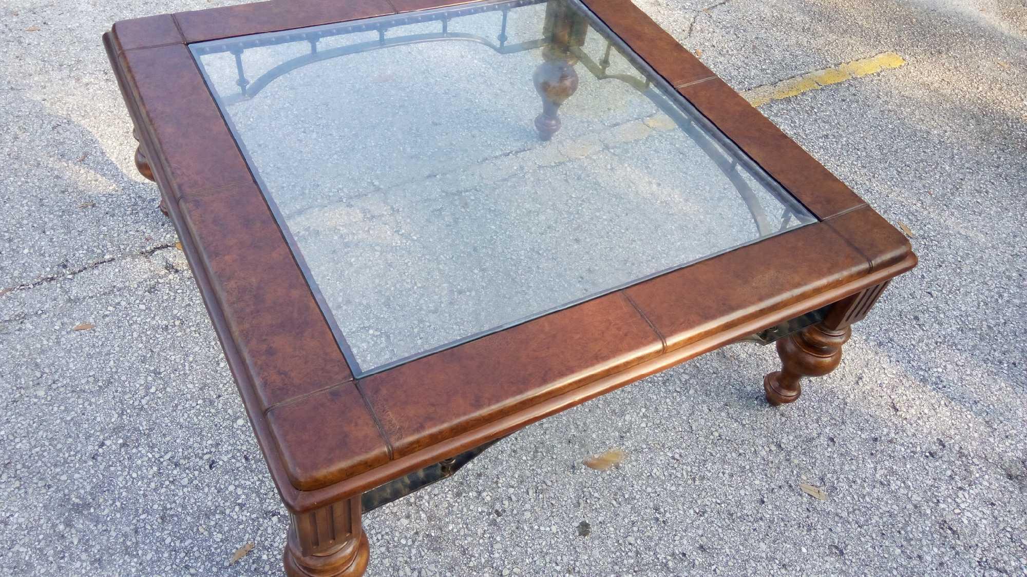 HIGH END STYLE, BEVELED GLASS, DEEP WOOD AND METAL COFFEE TABLE, SQUARE