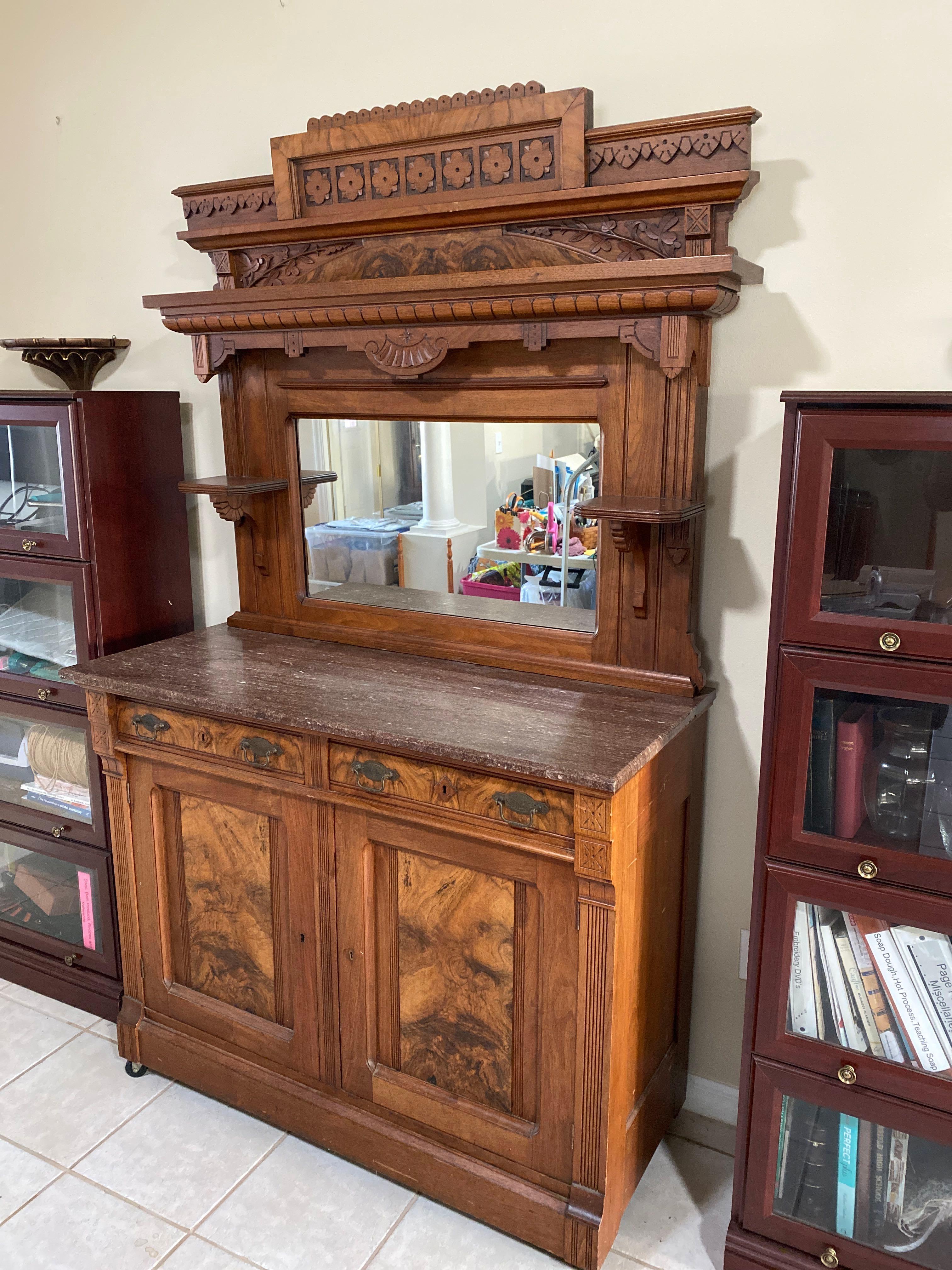 Gorgeous Antique Tiger Oak Eastlake sideboard with Marble top and ornate carvings