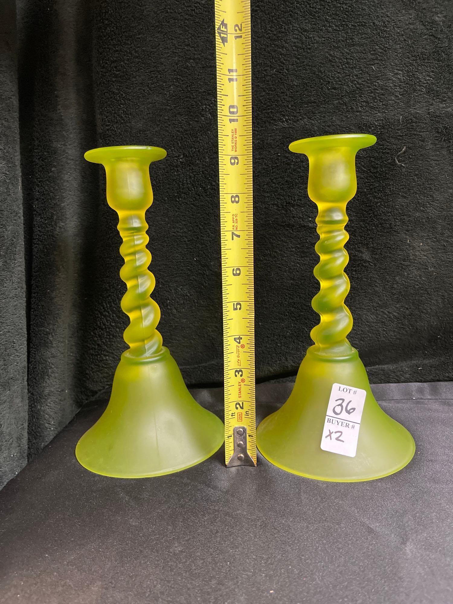 U S Glass Co. 1920s Aurora Canary Stretch Glass Vaseline Twisted Candlesticks