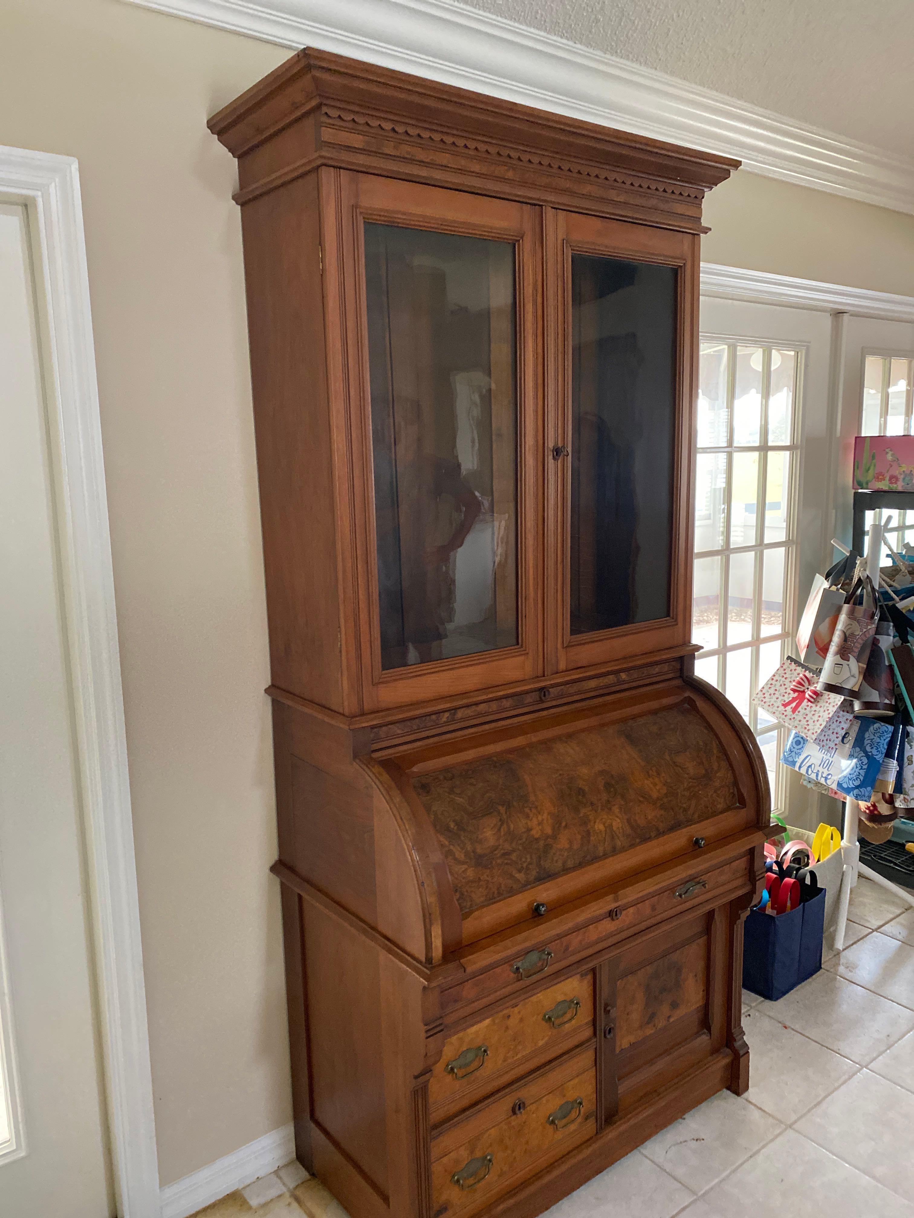 Stunning Halvorson Antique Tiger Oak roll top tall secretary