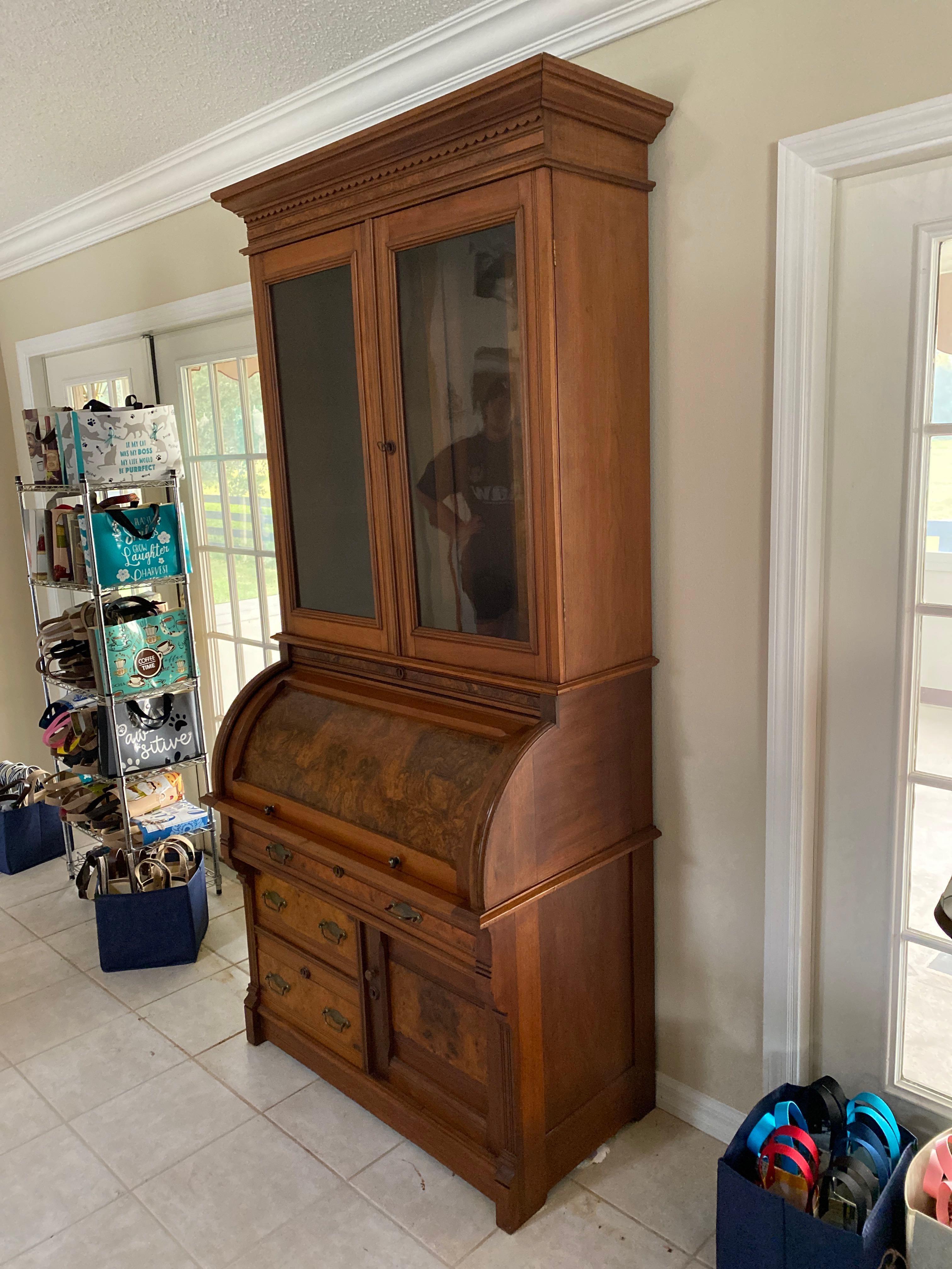 Stunning Halvorson Antique Tiger Oak roll top tall secretary