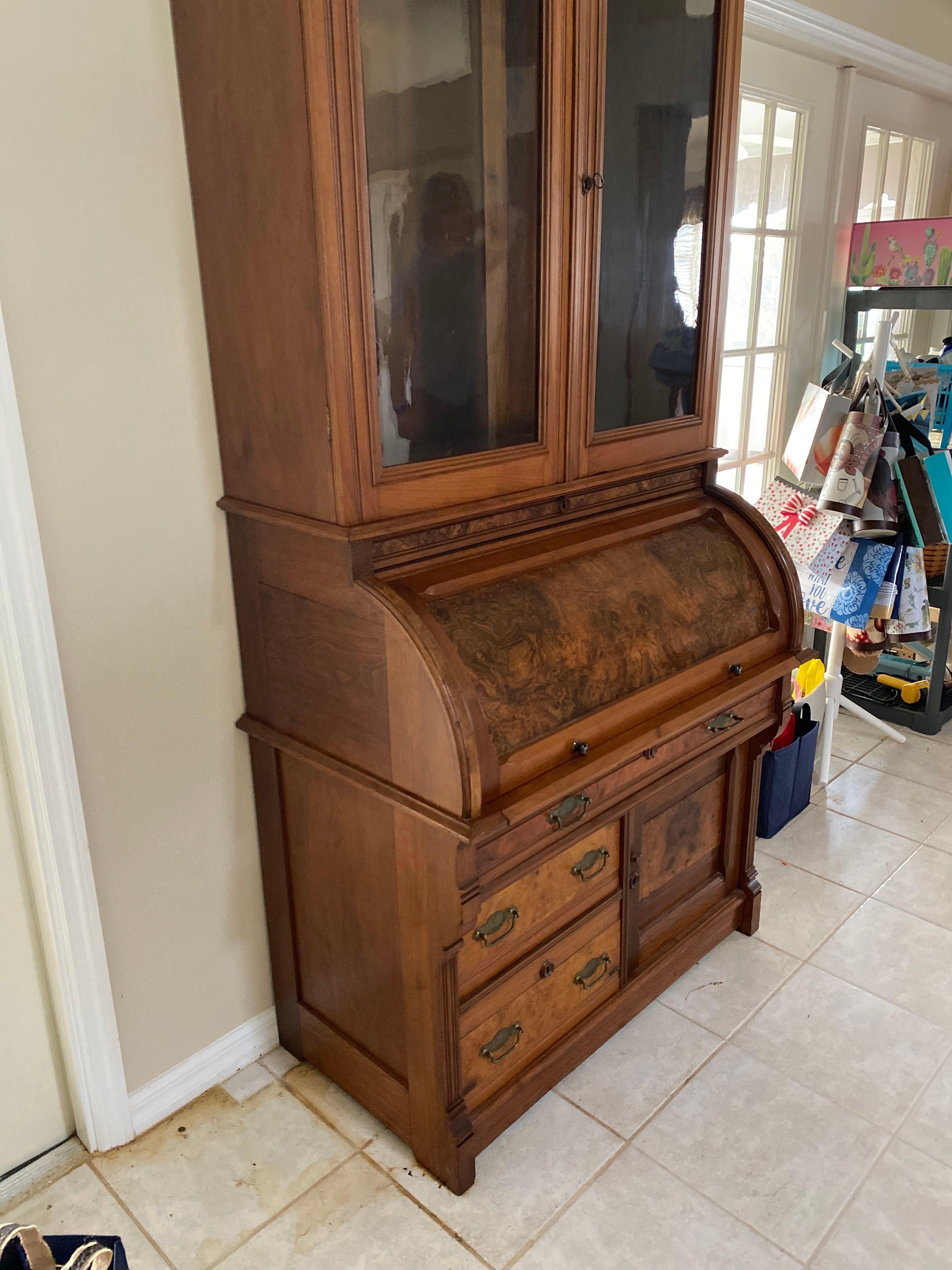 Stunning Halvorson Antique Tiger Oak roll top tall secretary