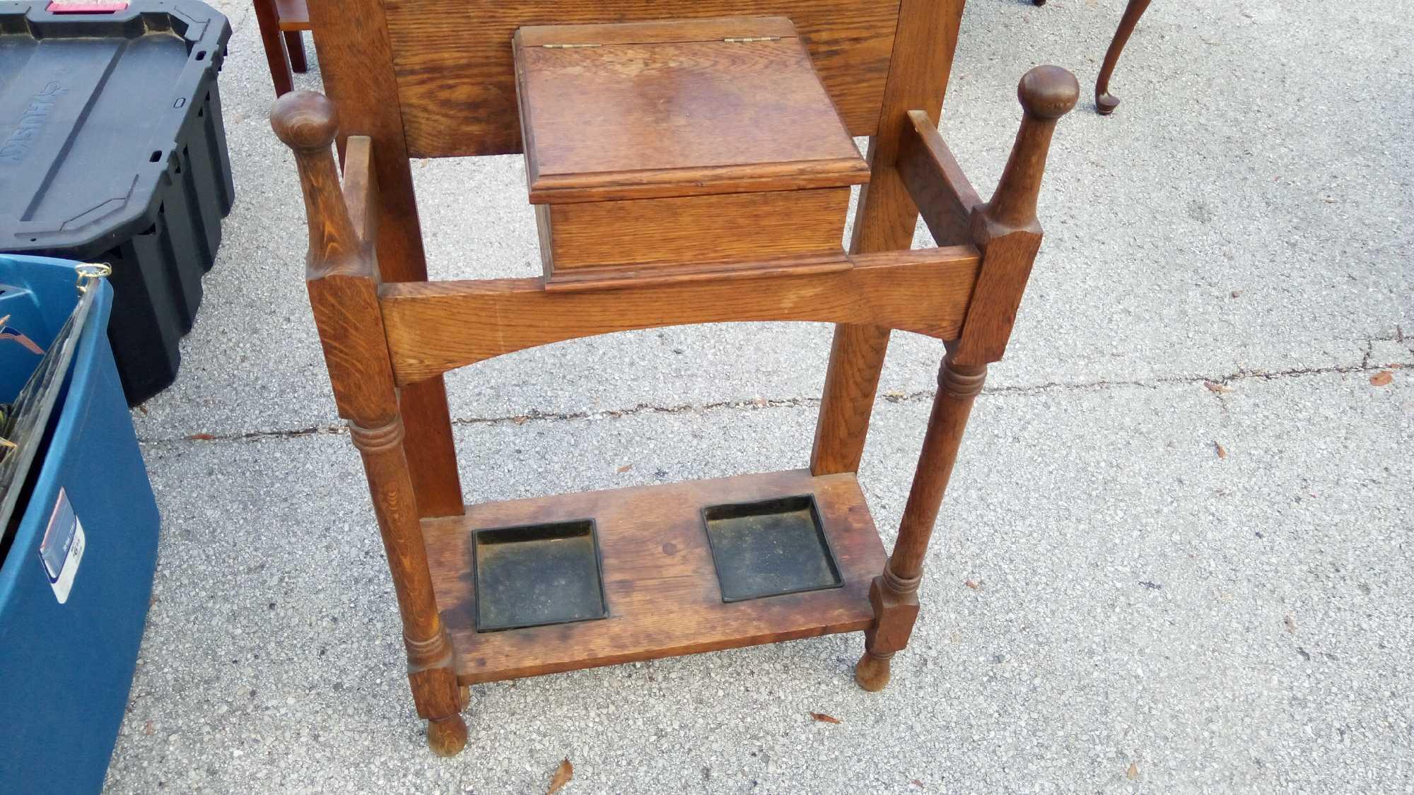 Antique Cuff & Co English Oak Hall Tree with box and hooks