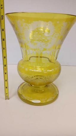 Antique BOHEMIAN YELLOW Cut-To-Clear Large Footed GLASS VASE Vintage