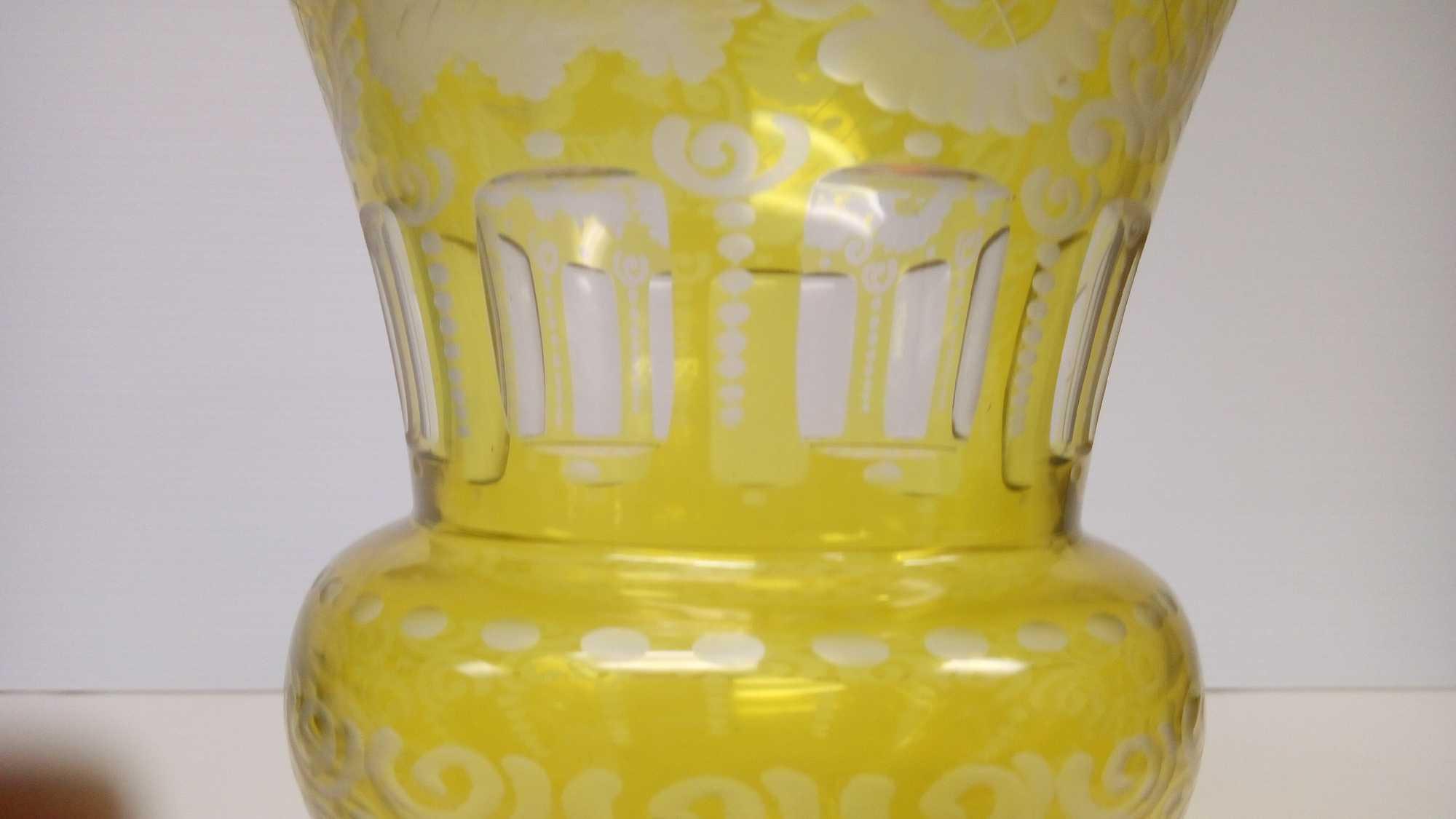 Antique BOHEMIAN YELLOW Cut-To-Clear Large Footed GLASS VASE Vintage