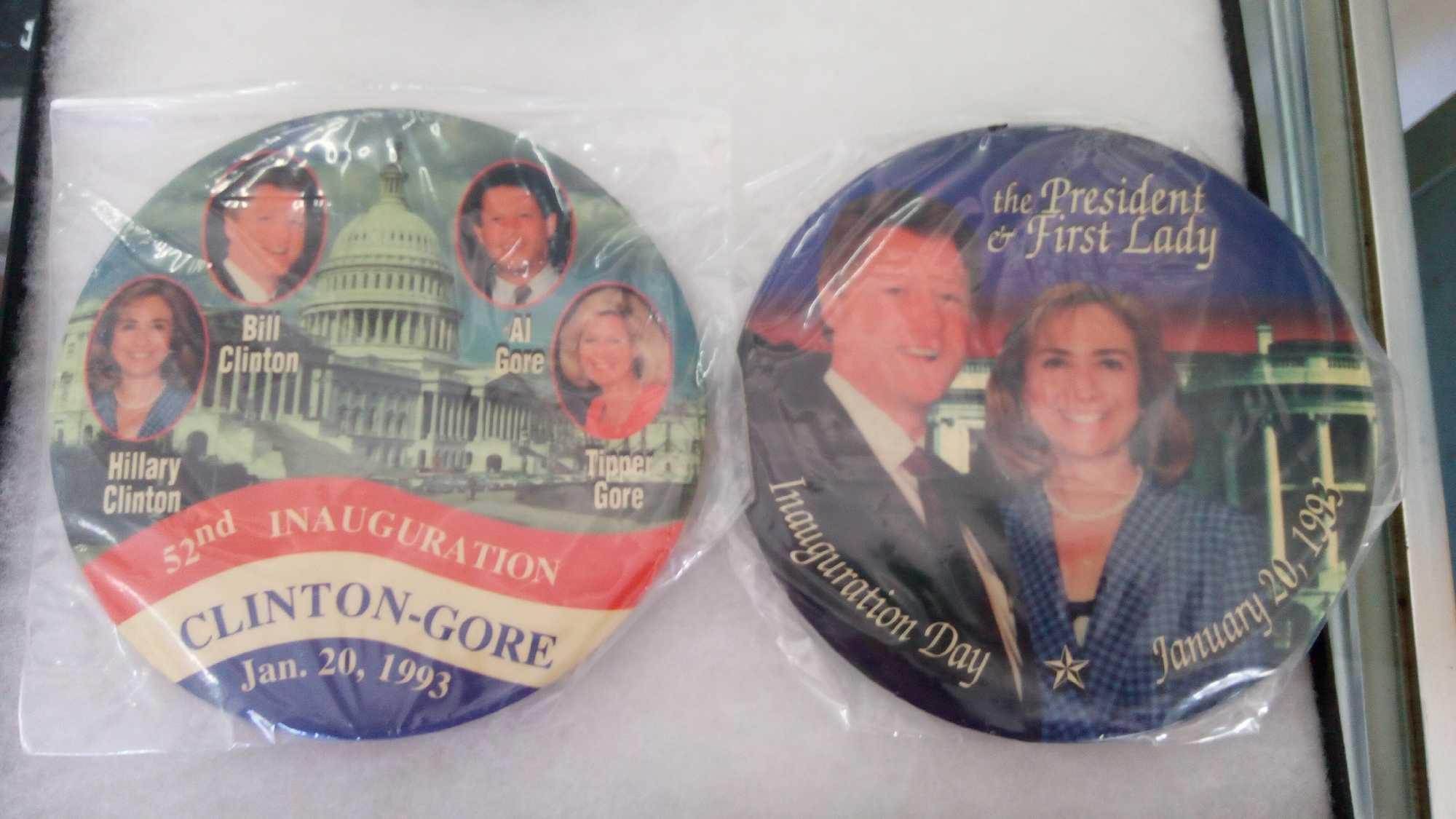 (4) BILL CLINTON 1993 INAUGURATION LARGE PINS, 6" BUTTONS