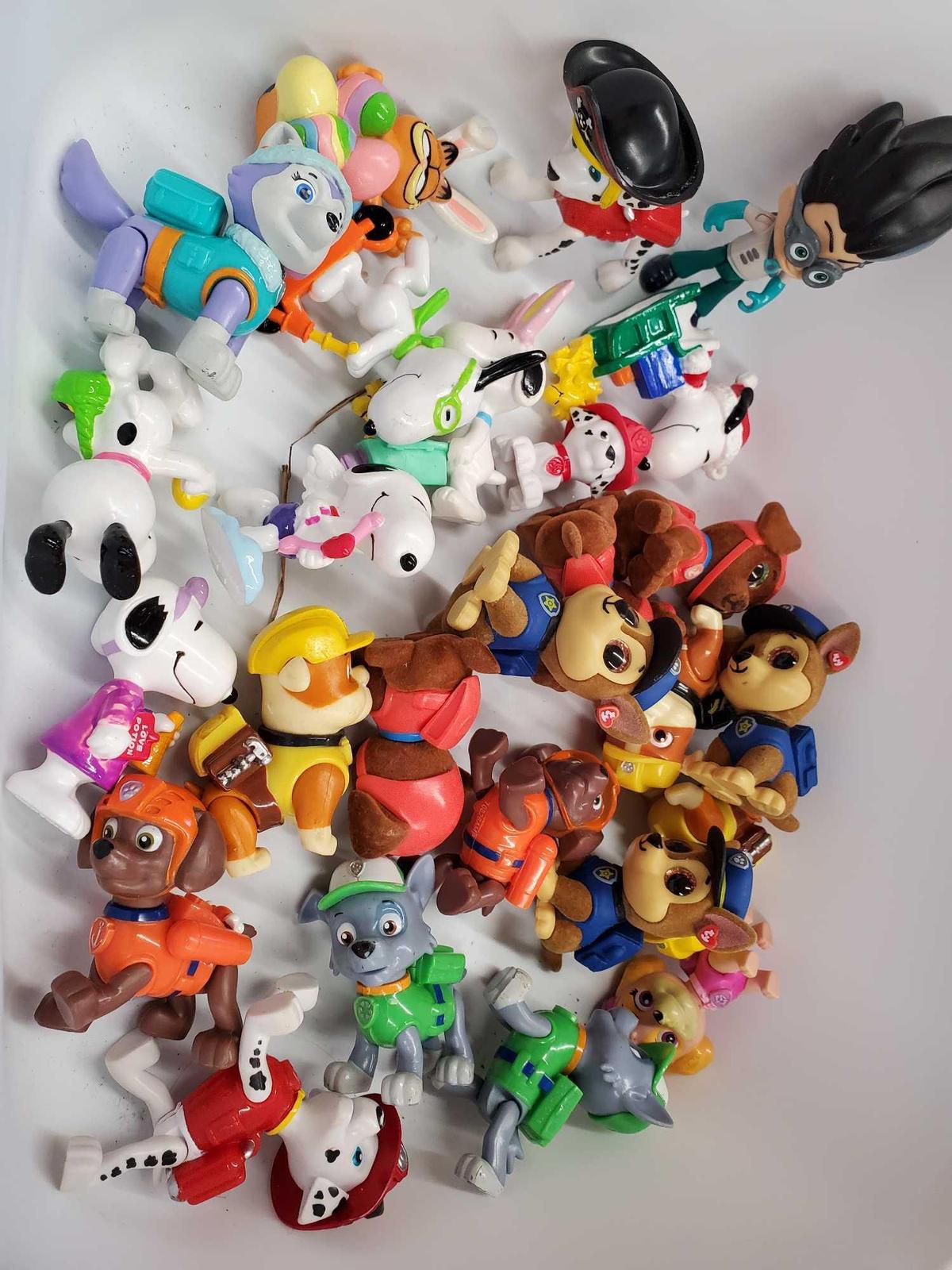 Many Posable Paw Patrol toys, Snoopy, Garfiield, and Fuzzy TY Paw Patrol