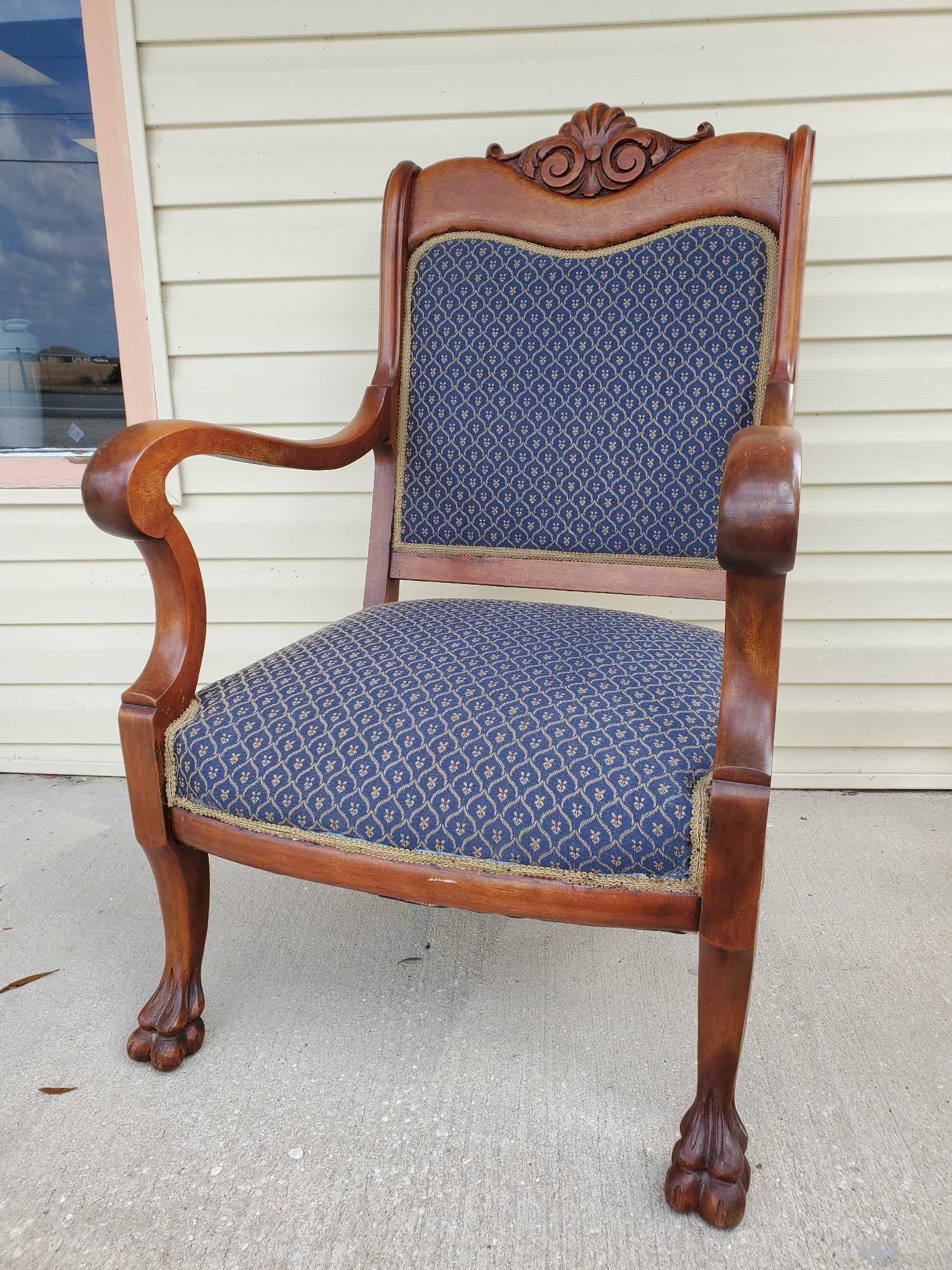 Beautiful Clawfoot Wooden, Upholstered Armchair