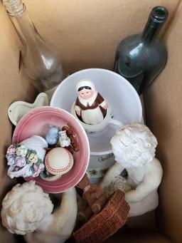 Box grouping of ceramics and glass including green bottle, tiny Japan, Christmas Holly Hobbie