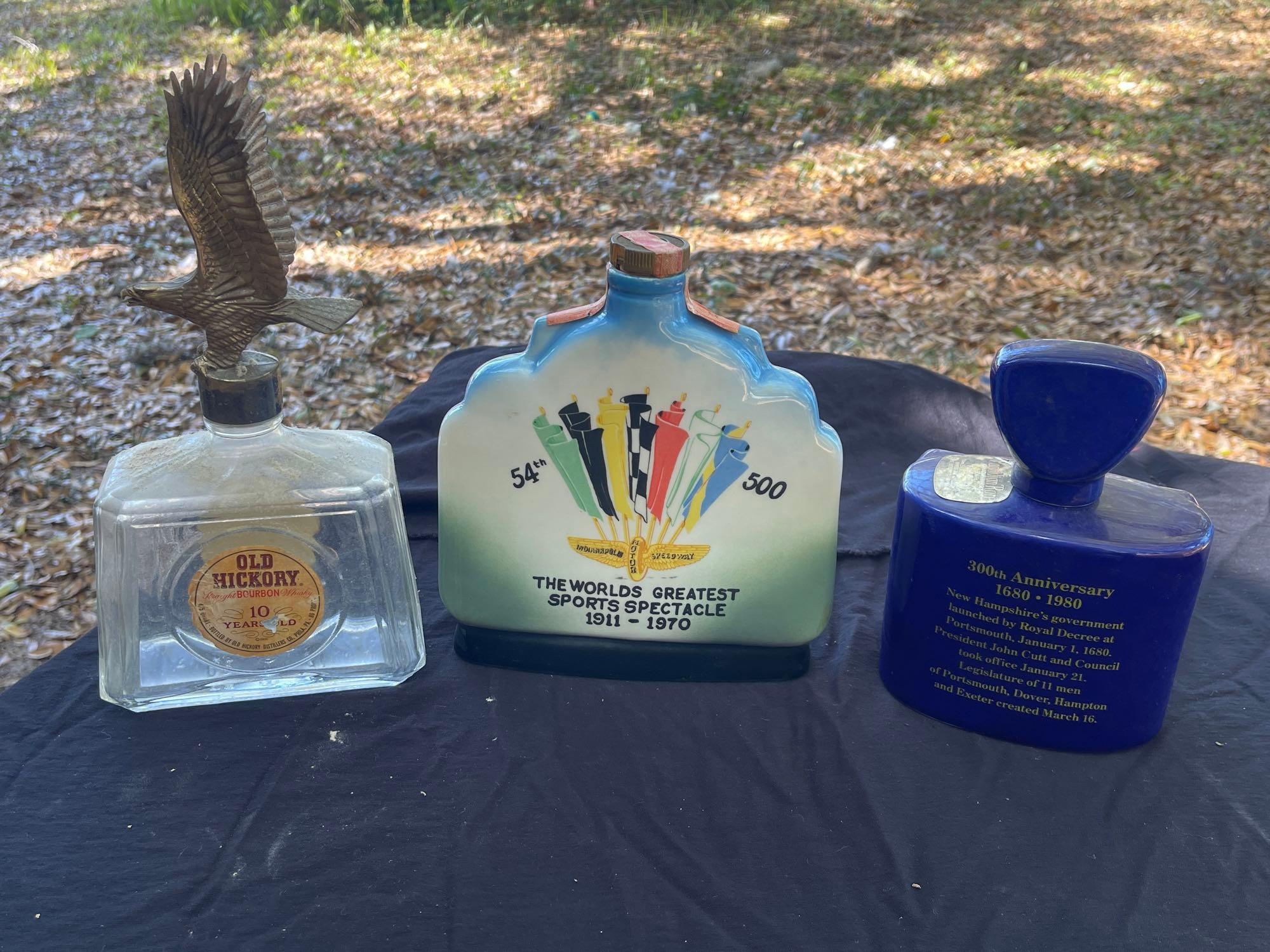 TRIO of Vintage Decanters including Old hickory, New Hampshire, Indianapolis