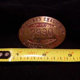 ANTIQUE 1922 REGISTERED CHAUFFEUR BADGE, MISSOURI, No. 2990