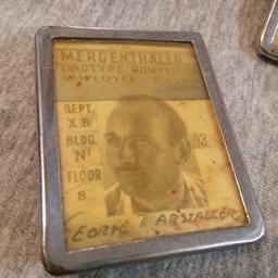 Pair of 1940s MERGENTHALER LINOTYPE EMPLOYEE/ WORKER BADGES, Includes Dept Supervisor for Worker