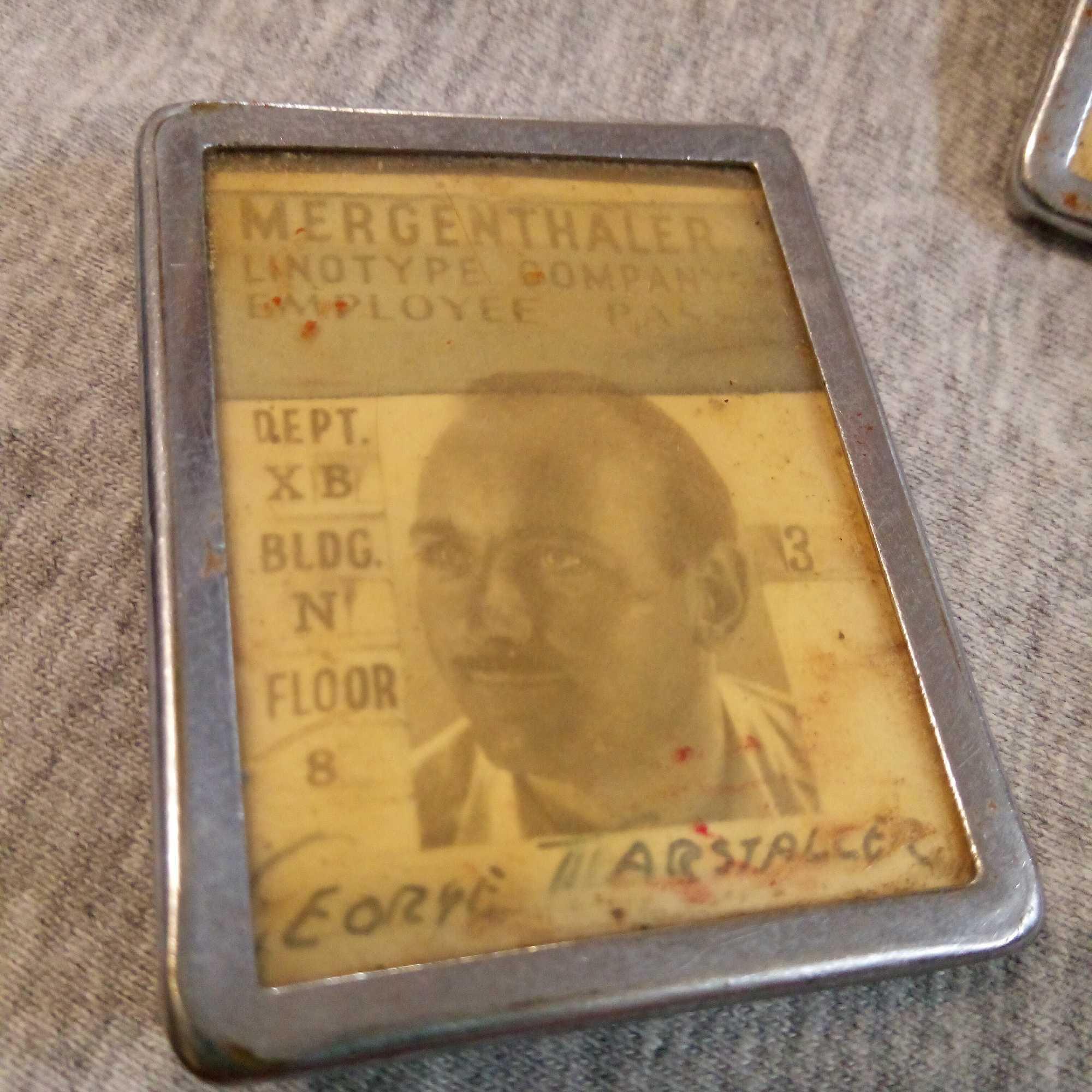 Pair of 1940s MERGENTHALER LINOTYPE EMPLOYEE/ WORKER BADGES, Includes Dept Supervisor for Worker