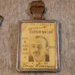 Pair of 1940s MERGENTHALER LINOTYPE EMPLOYEE/ WORKER BADGES, Includes Dept Supervisor for Worker