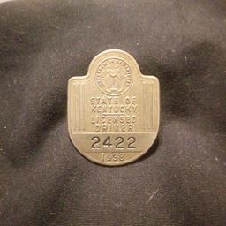 1938 LICENSED DRIVER BADGE, STATE OF KENTUCKY, NO 2422