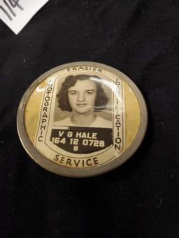 Vintage Employee Badge Pin - FRAZIER PHOTOGRAPHIC IDENTIFICATION SERVICE -V. G. HALE