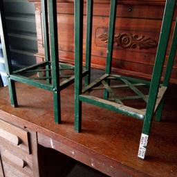 PAIR OF GREEN METAL WITH TILE TOP DOUBLE LEVEL PLANT STANDS