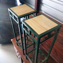 PAIR OF GREEN METAL WITH TILE TOP DOUBLE LEVEL PLANT STANDS