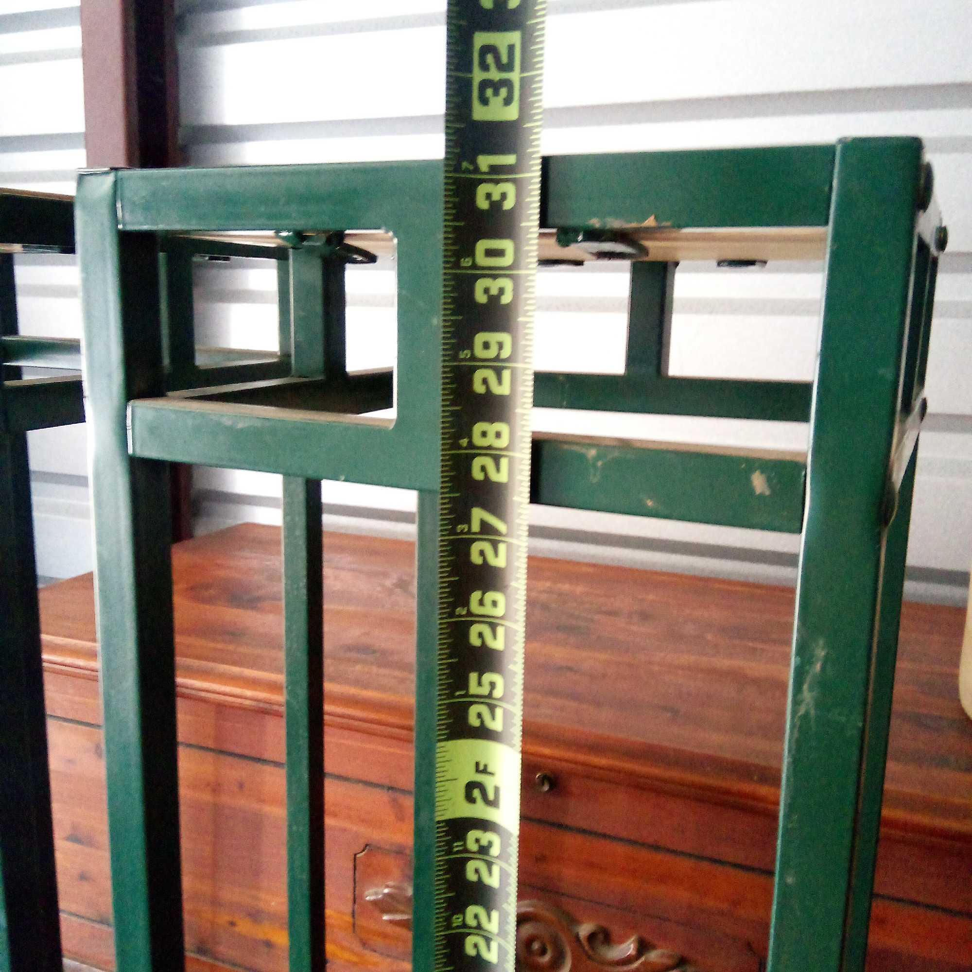 PAIR OF GREEN METAL WITH TILE TOP DOUBLE LEVEL PLANT STANDS