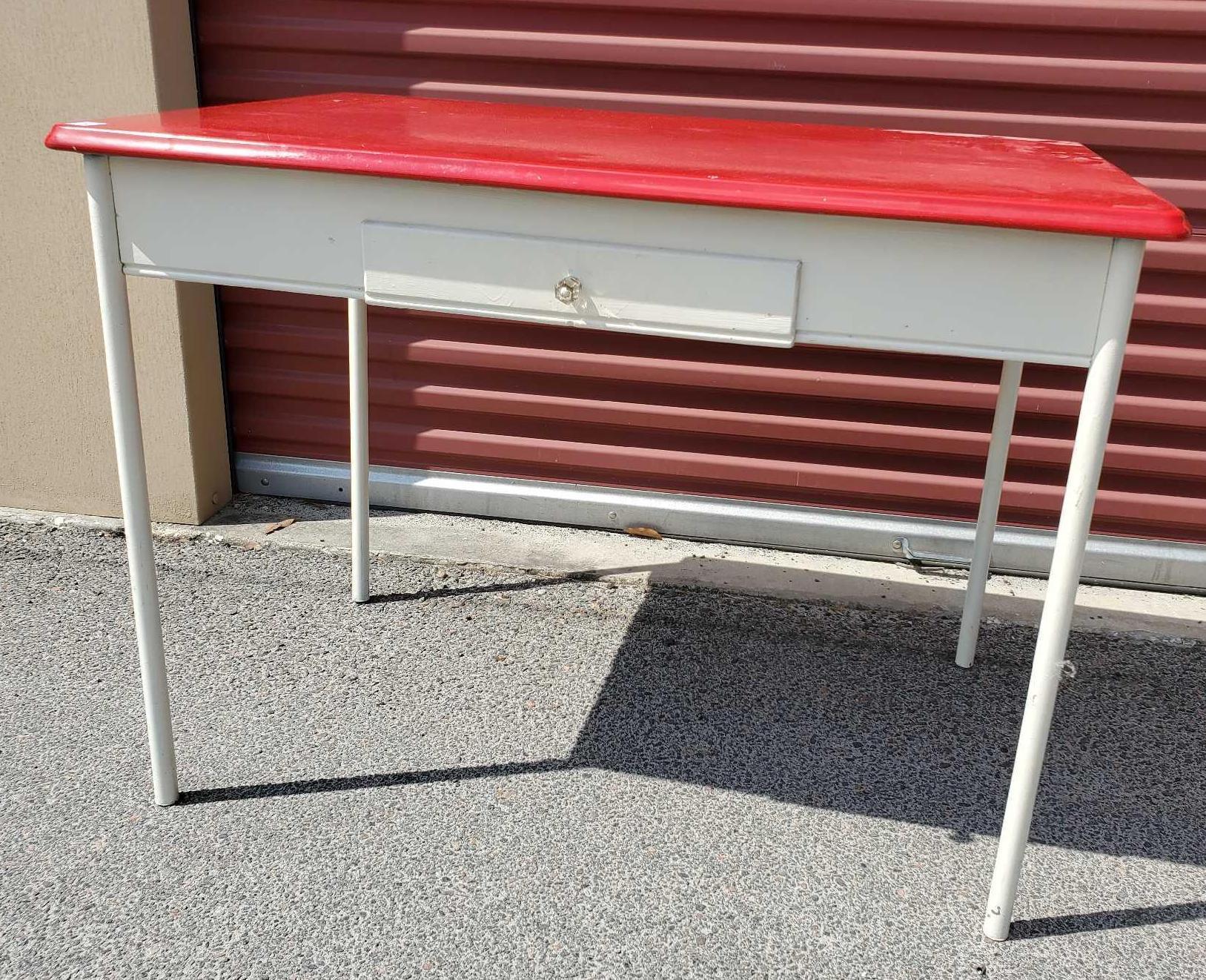 Vintage ENAMEL TOP TABLE, 1 drawer, wooden base, metal legs