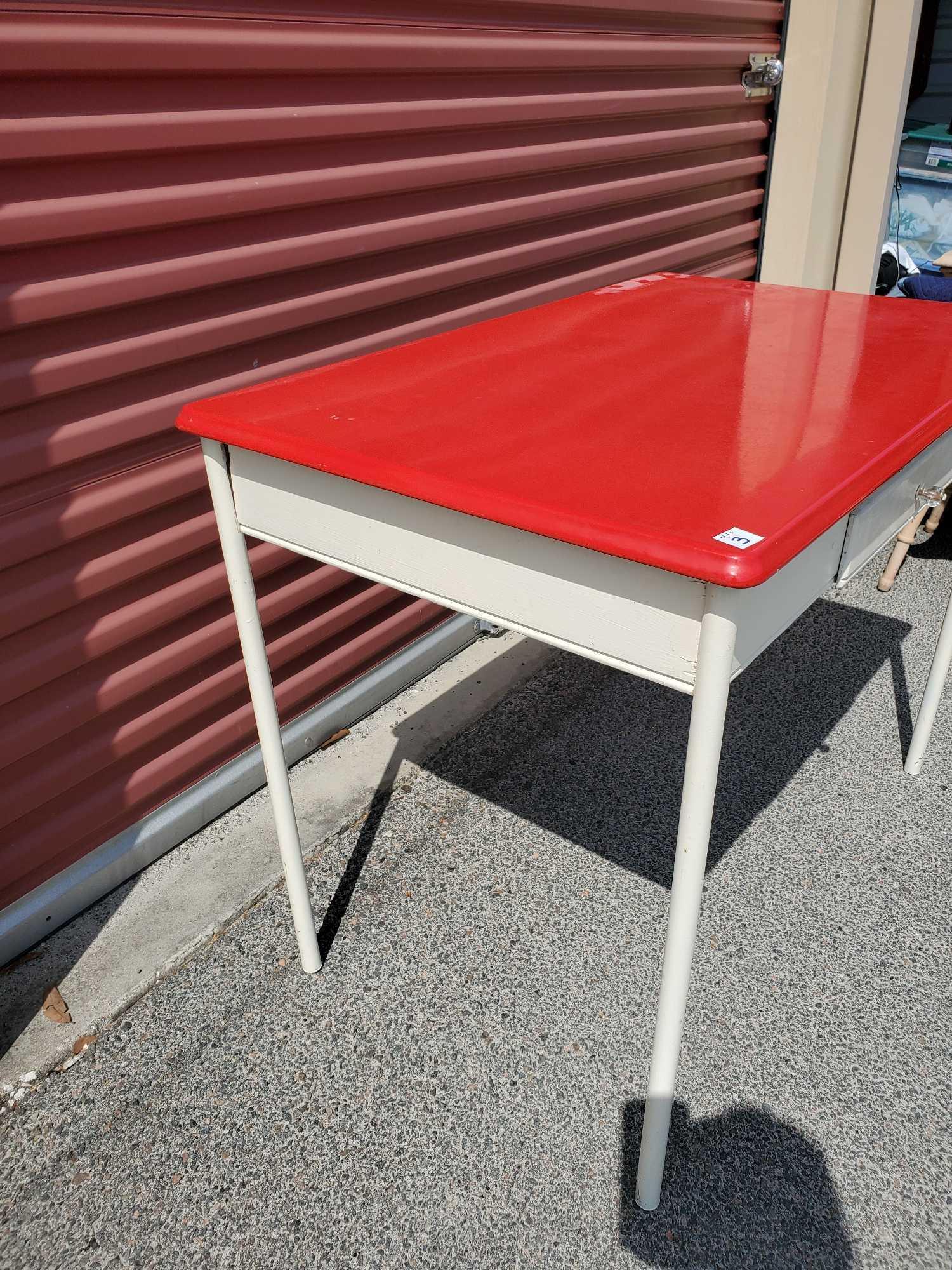 Vintage ENAMEL TOP TABLE, 1 drawer, wooden base, metal legs