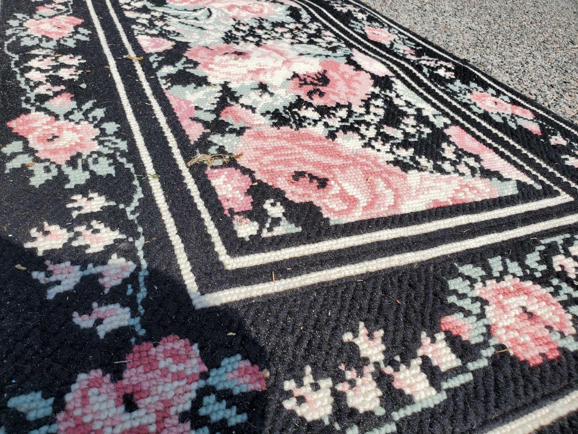 Kismet Spanish Needlepoint Runner rug, Sears, black Victorian rose