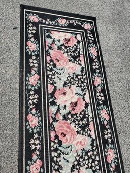 Kismet Spanish Needlepoint Runner rug, Sears, black Victorian rose