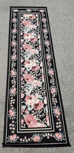 Kismet Spanish Needlepoint Runner rug, Sears, black Victorian rose