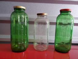 (3) Vintage JUICE/WATER embossed GLASS JARS including green