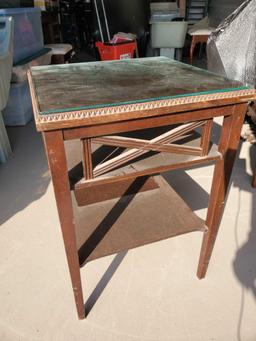 Antique glass top, 2 shelf table, square side table