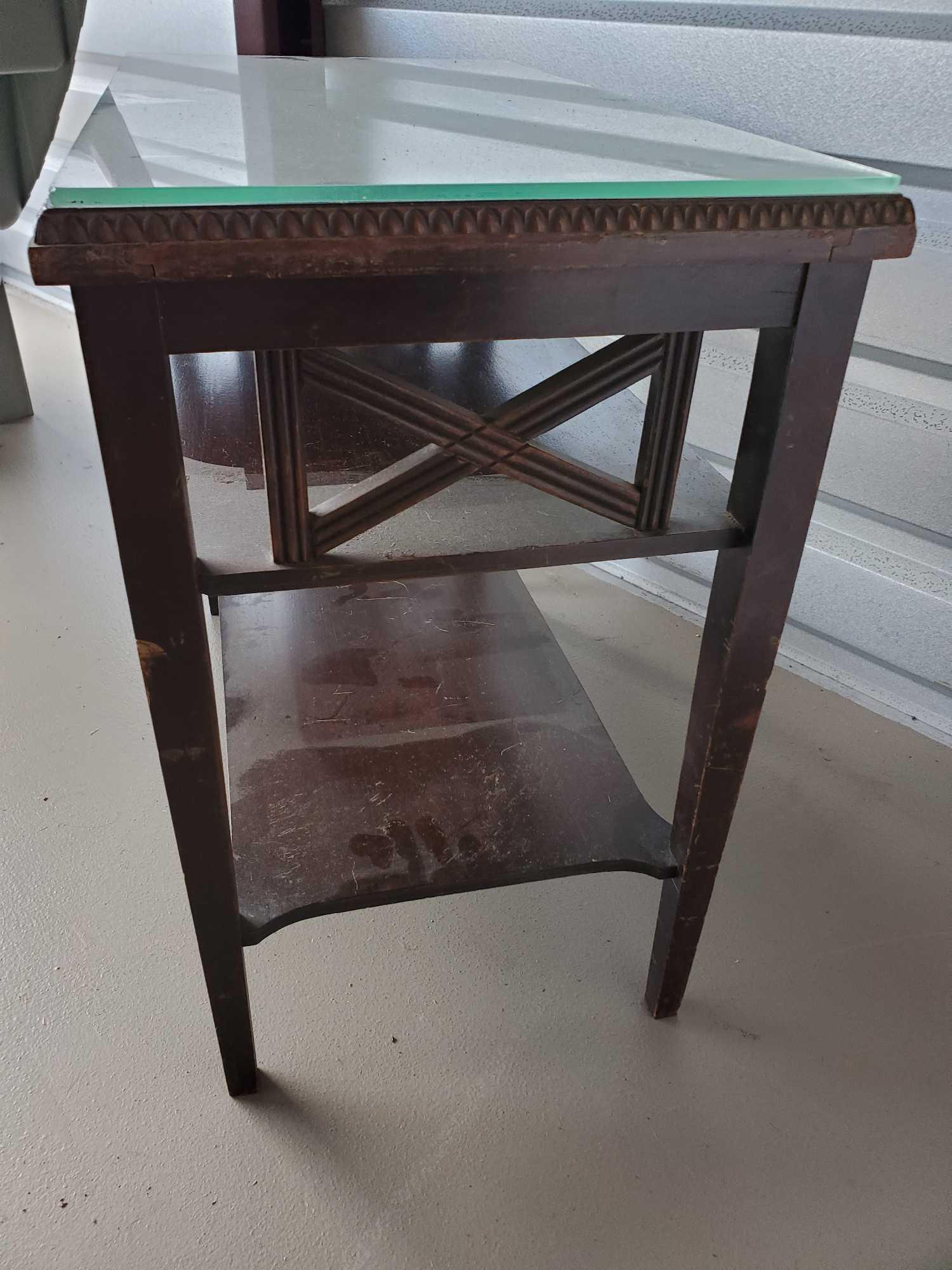 Antique glass top, 2 shelf, petite coffee table 26"W x 14" D x 23" H