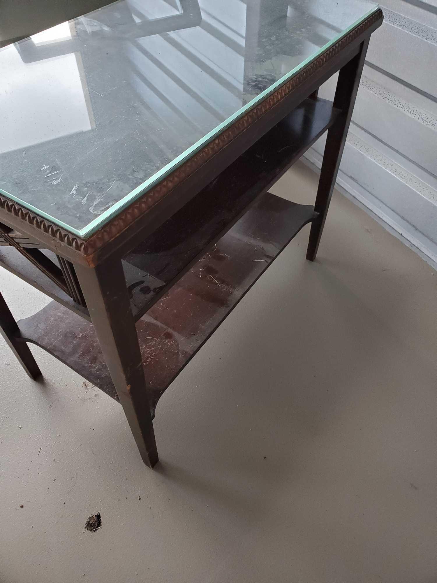 Antique glass top, 2 shelf, petite coffee table 26"W x 14" D x 23" H