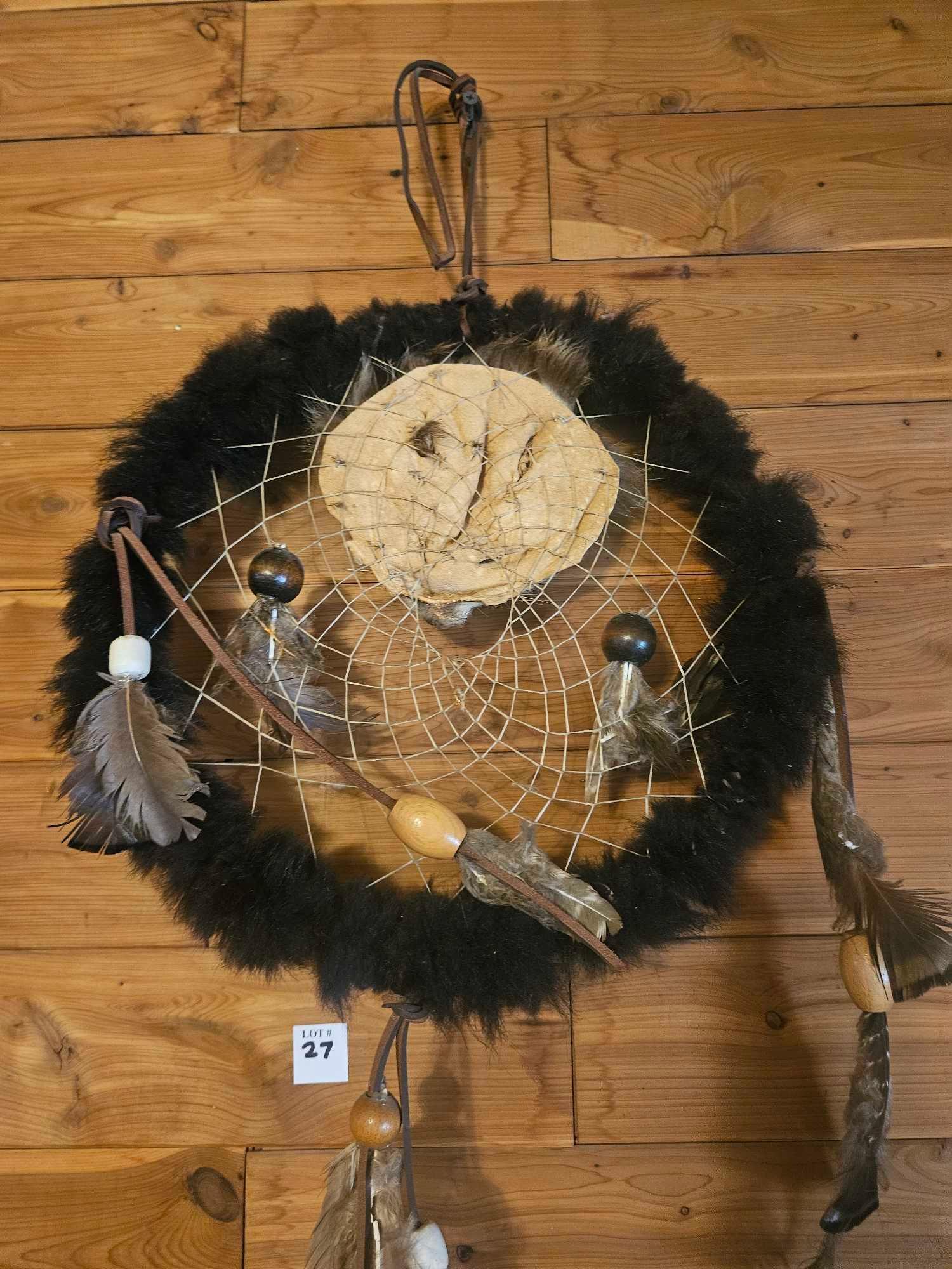 NATIVE AMERICAN STRETCHED RACOON HIDE DREAM CATCHER, BEADED FEATHERED