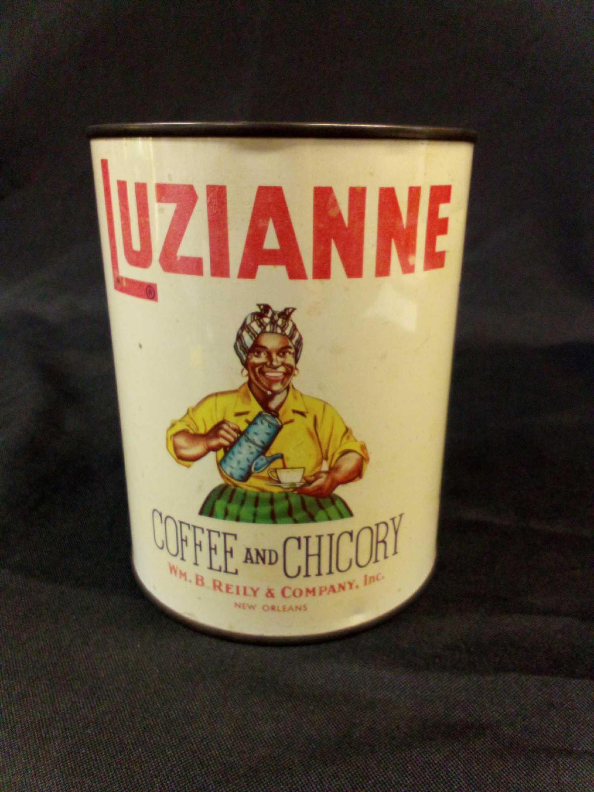 Black Memorabilia/Advertising Coffee Tin: Luzianne 1- Pound can in White Label