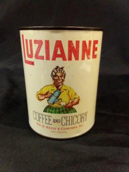 Black Memorabilia/Advertising Coffee Tin: Luzianne 1- Pound can in White Label