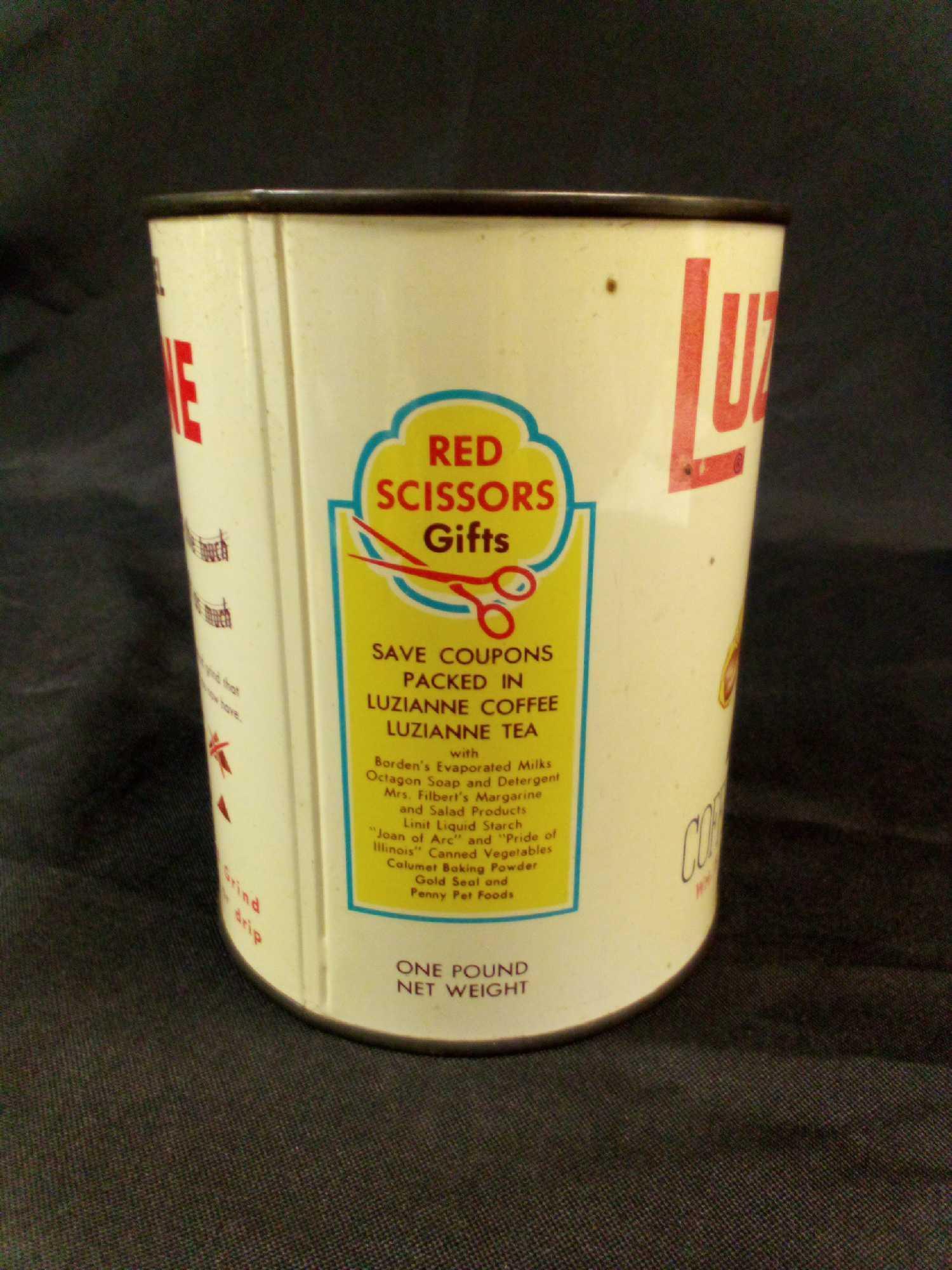 Black Memorabilia/Advertising Coffee Tin: Luzianne 1- Pound can in White Label