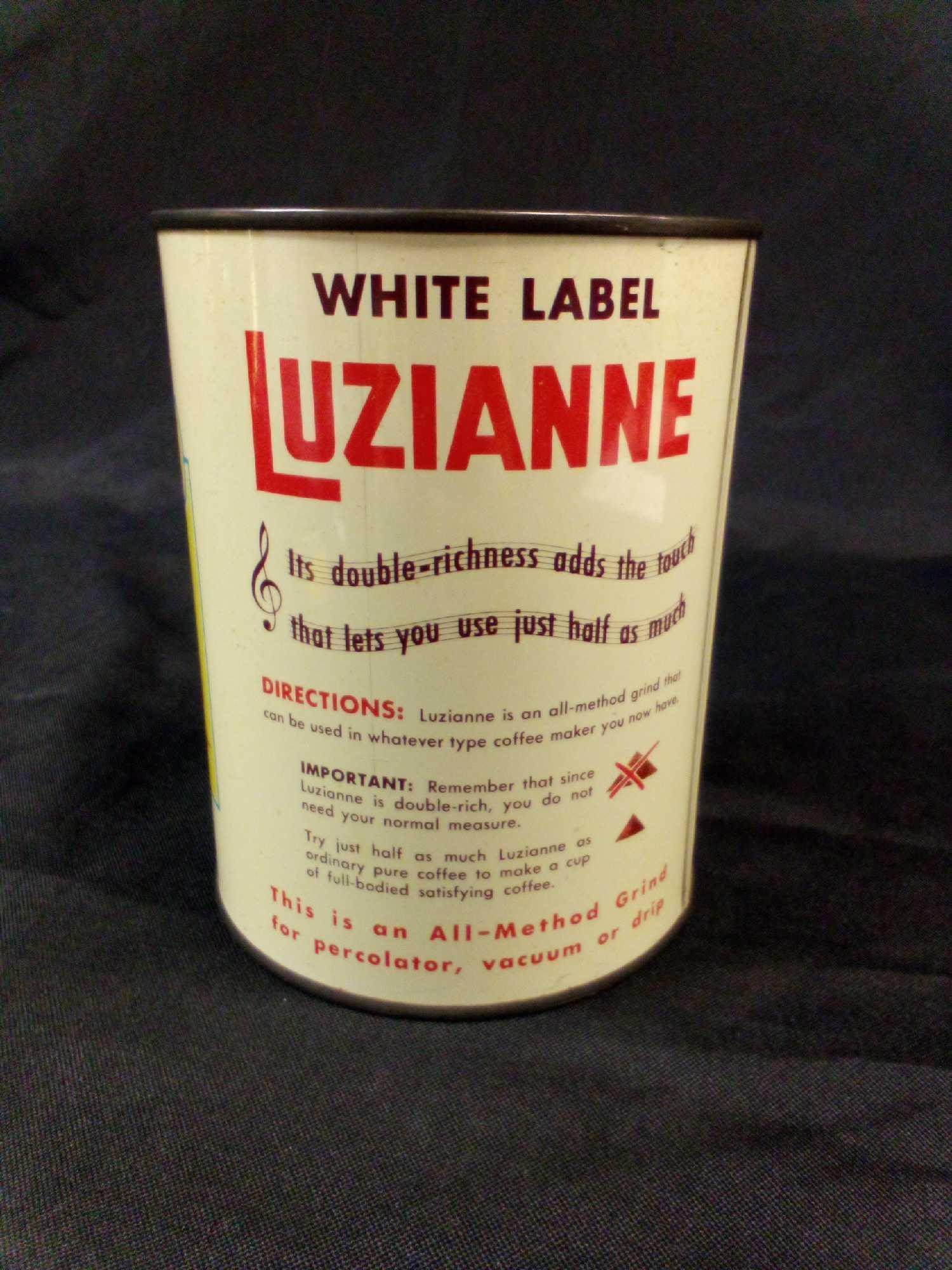 Black Memorabilia/Advertising Coffee Tin: Luzianne 1- Pound can in White Label