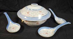 RARE VINTAGE CHINESE Rice Pattern PORCELAIN Covered Rice and Large Spoons
