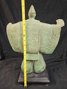 1981 signed Austin, Vesugi - Standing Japanese Noh Actor Statue - Green/Copper Ceramic on Black Wood